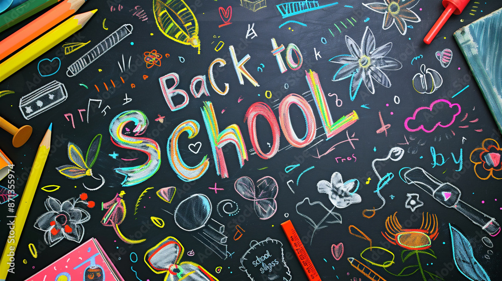 Fototapeta premium Colorful Chalkboard Background with Doodles of School Supplies that says Back to School in bold letters. The design includes back to school related items all drawn using bright colors on black