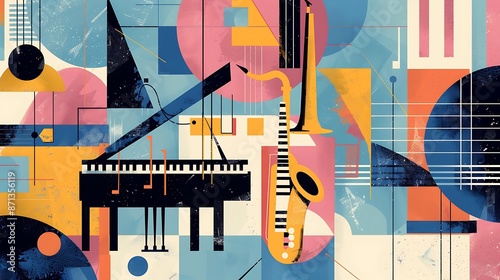 an artistic orchestra graphic with a piano, saxophone, and guitar on a geometric background