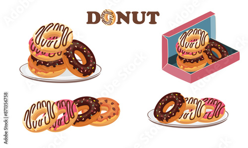 Donut vector set. Donut on the plate, donut box clipart. Doughnut. Sweet food or dessert. Flat vector in cartoon style isolated on white background.