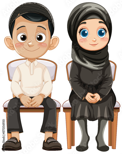 Illustration of a Muslim boy and girl seated