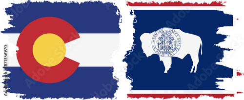 Wyoming and Colorado states grunge brush flags connection vector