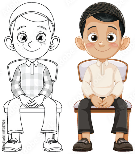 Illustration of a Muslim boy sitting on a chair