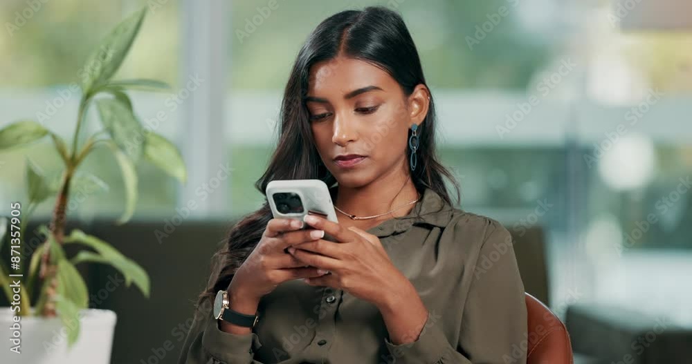 Texting, online and woman in office, phone and communication with company and job offer with thinking. Digital, opportunity and reading of email, writer and female employee with mobile in New York Texting, online and woman in office, phone and communication with company and job offer with thinking. Digital, opportunity and reading of email, writer and female employee with mobile in New York