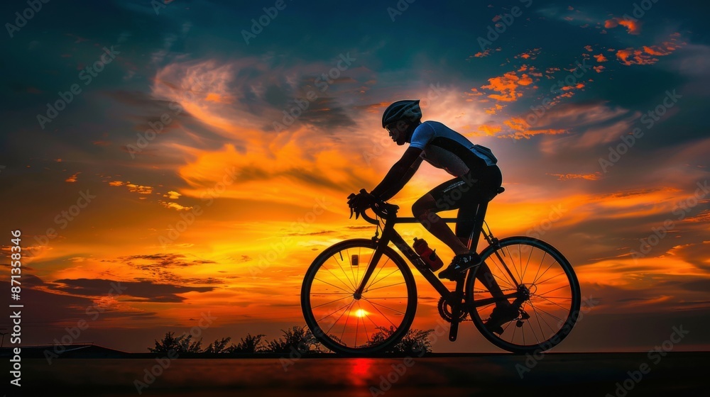 Obraz premium Cycling into Sunset Glory: Dynamic Silhouette of Cyclist in Bold Action Composition