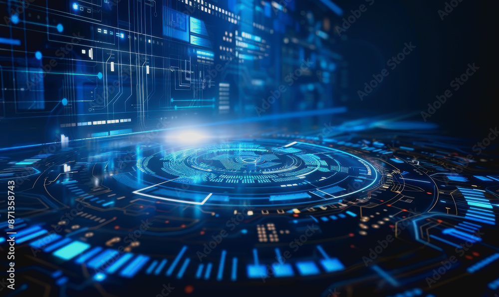 Cyber themed digital background with blue glowing lines and interconnected circuits Cyber themed digital background with blue glowing lines and interconnected circuits