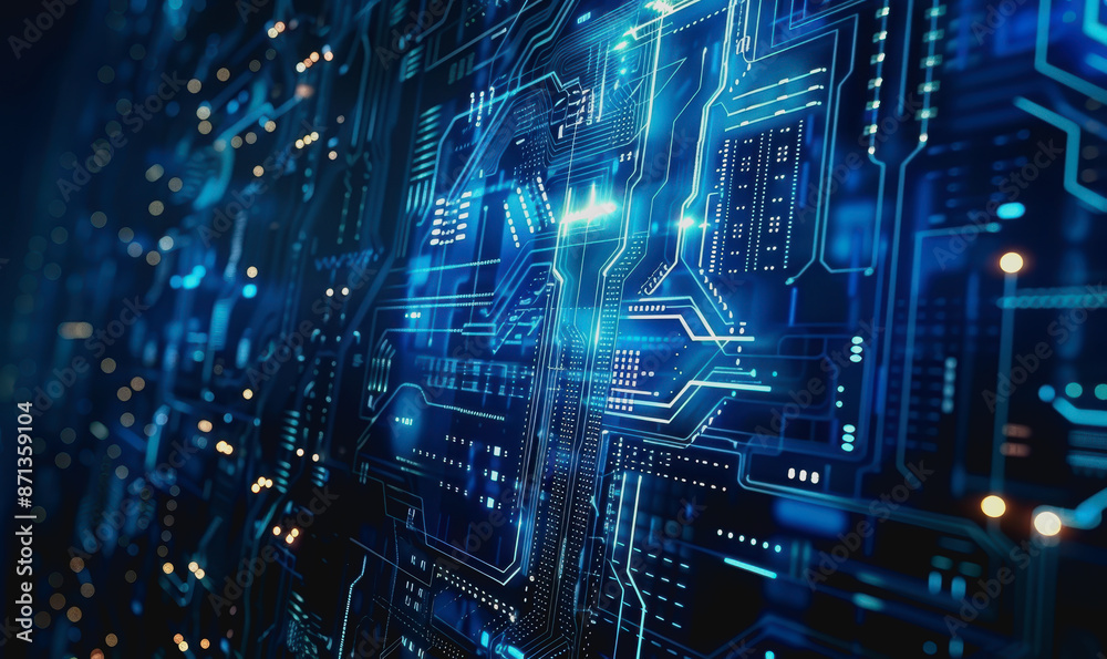 Digital abstract background with blue technology graphics and interconnected circuits