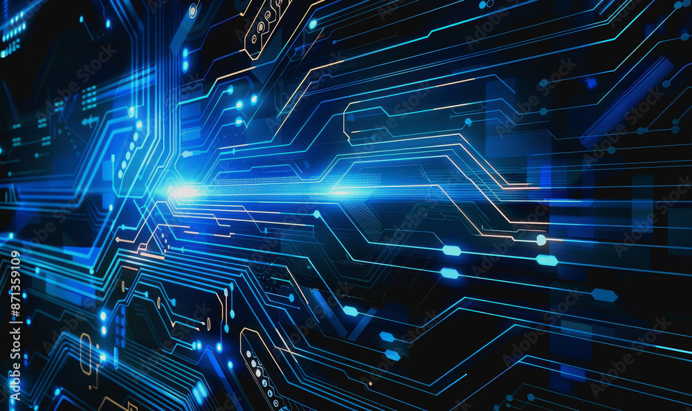 Digital abstract background with blue technology graphics and interconnected circuits Digital abstract background with blue technology graphics and interconnected circuits