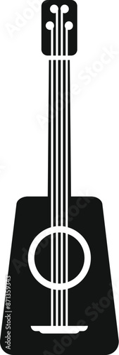 Black and white image of an acoustic guitar, a stringed musical instrument, isolated on a white background