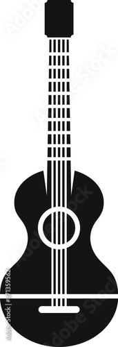 Black and white silhouette of an acoustic guitar standing up, simple musical instrument illustration