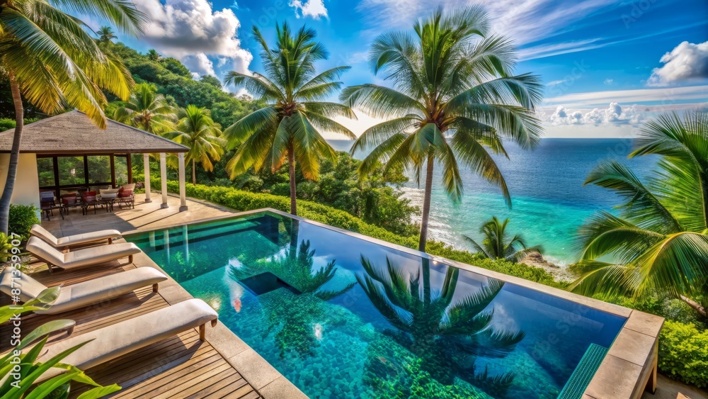 Fototapeta premium Luxurious private pool villa overlooking turquoise ocean waters with lush greenery and palm trees at a tropical seaside resort paradise.