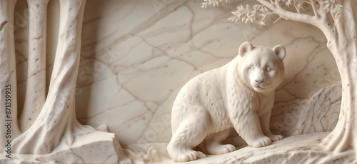 3D mural of a panda in ivory marble stone. Wall decorative art illustration wallpaper.