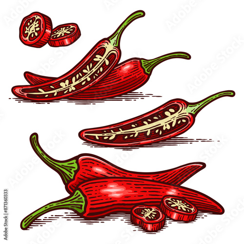 Set of Hand Drawn Chili Pepper, Vintage Vector Illustration Collection