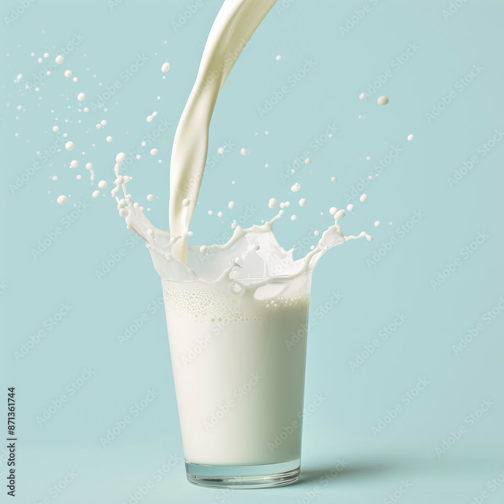 Pouring fresh milk into the glass with splashing on light blue background.