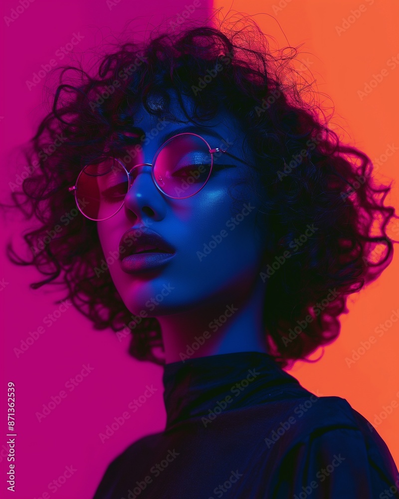 Obraz premium portrait of a woman with curly hair in a studio with neon lighting 