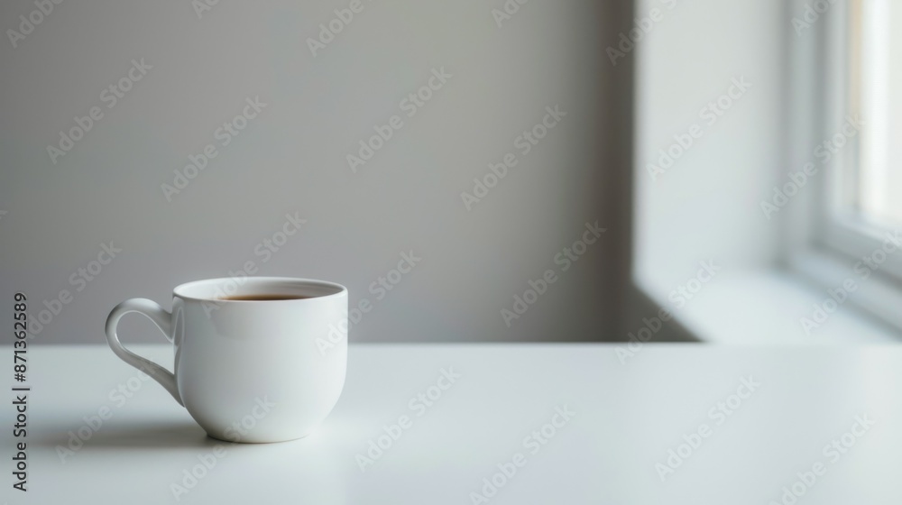Obraz premium Minimalist Lifestyle with Single Sleek Coffee Cup on White Table