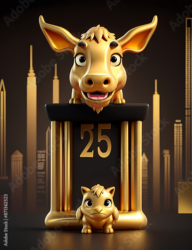 A golden bull in side of stock market chart in gold and black color with copy space area as wide banner, dark background, abstract style, XAU price concept

 photo