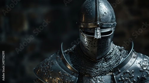 Medieval knight in full armor, dark background. Historical reenactment and chivalry concept photo