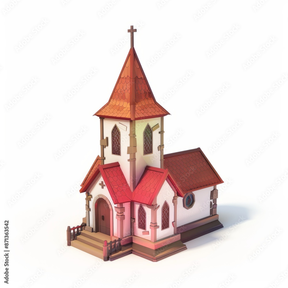 Fototapeta premium 3D Render, Low Poly style of a quaint country church, on isolated white background, Generative AI