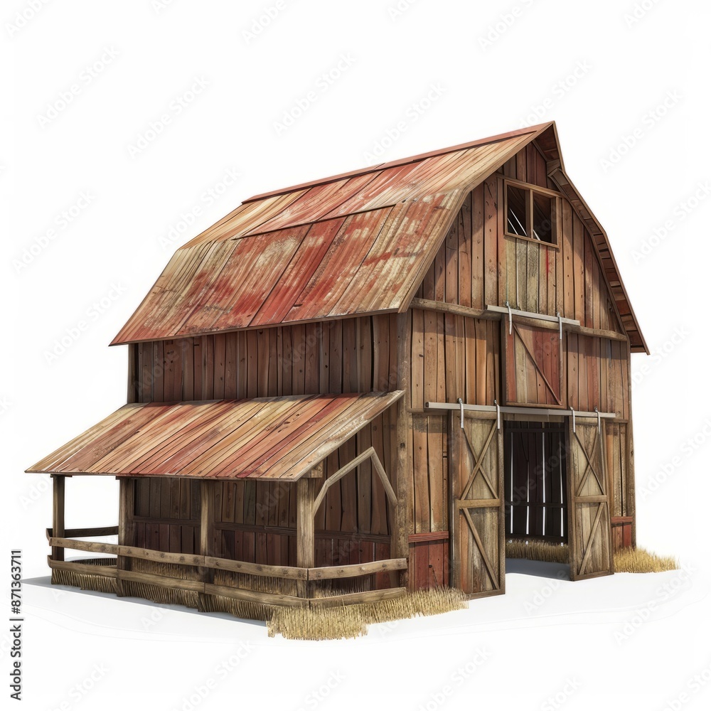 Naklejka premium 3D Render, Low Poly style of a rustic barn, on isolated white background, Generative AI
