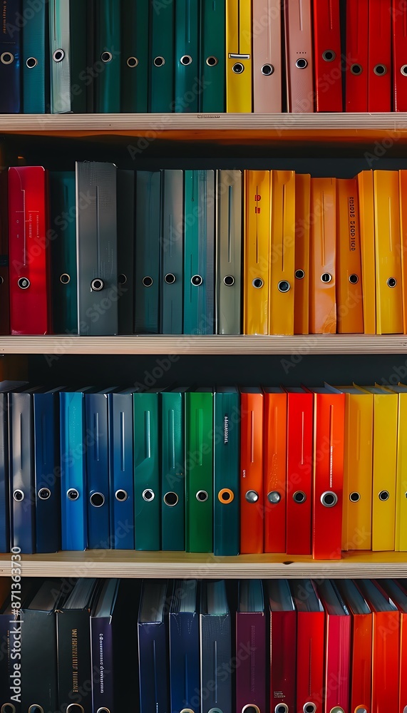 A close-up shot of binders and folders with colorful spines and labels, arranged in a symmetrical layout on a bookshelf. A close-up shot of binders and folders with colorful spines and labels, arranged in a symmetrical layout on a bookshelf.