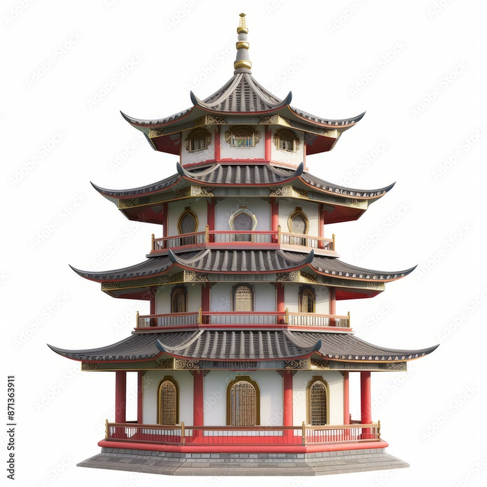 Obraz premium 3D Render, Low Poly style of a traditional pagoda, on isolated white background, Generative AI