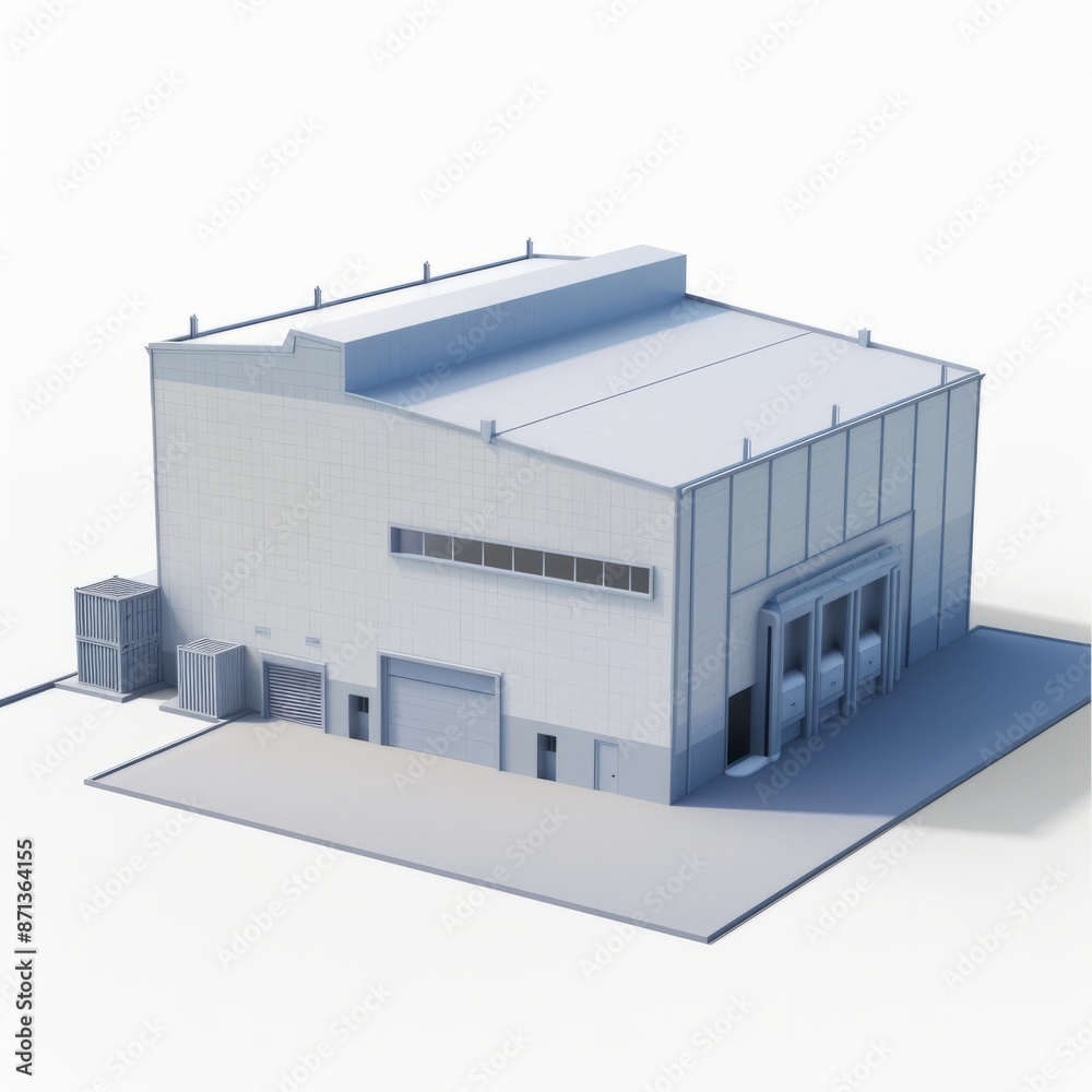 3D Render, Low Poly style of an industrial warehouse, on isolated white background, Generative AI 3D Render, Low Poly style of an industrial warehouse, on isolated white background, Generative AI