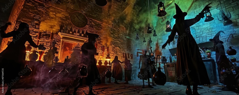 A mystical scene featuring witches casting spells with magical lighting in a dark, enchanted room full of potions and mystical artifacts. A mystical scene featuring witches casting spells with magical lighting in a dark, enchanted room full of potions and mystical artifacts.