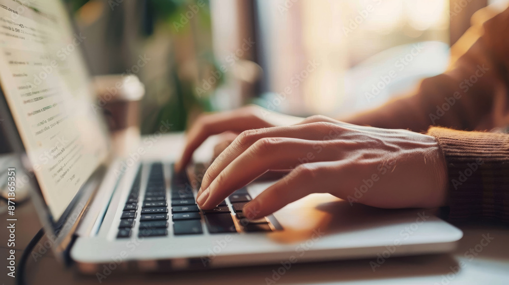 Close-up of hands typing on a laptop in a cozy, sunlit room, emphasizing focus and productivity with a warm ambiance. Close-up of hands typing on a laptop in a cozy, sunlit room, emphasizing focus and productivity with a warm ambiance.