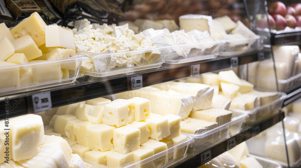 A refrigerated display case filled with a variety of cheeses, including blocks of yellow cheese and crumbled white cheese, illuminated with bright lights. A refrigerated display case filled with a variety of cheeses, including blocks of yellow cheese and crumbled white cheese, illuminated with bright lights.
