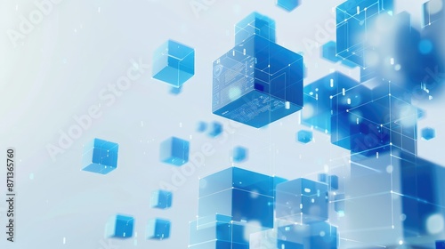 Blue cubes floating in the air against a white background, with a technological style background featuring digital data and icons in a light blue color scheme
