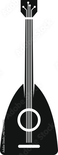 Black and white illustration of a saz, a traditional turkish stringed instrument, isolated on a white background