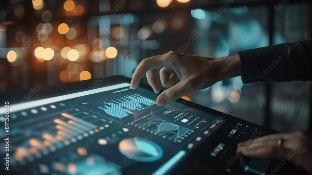 A hand navigates a futuristic digital interface with financial charts and data, set against a bokeh background of floating lights. A hand navigates a futuristic digital interface with financial charts and data, set against a bokeh background of floating lights.