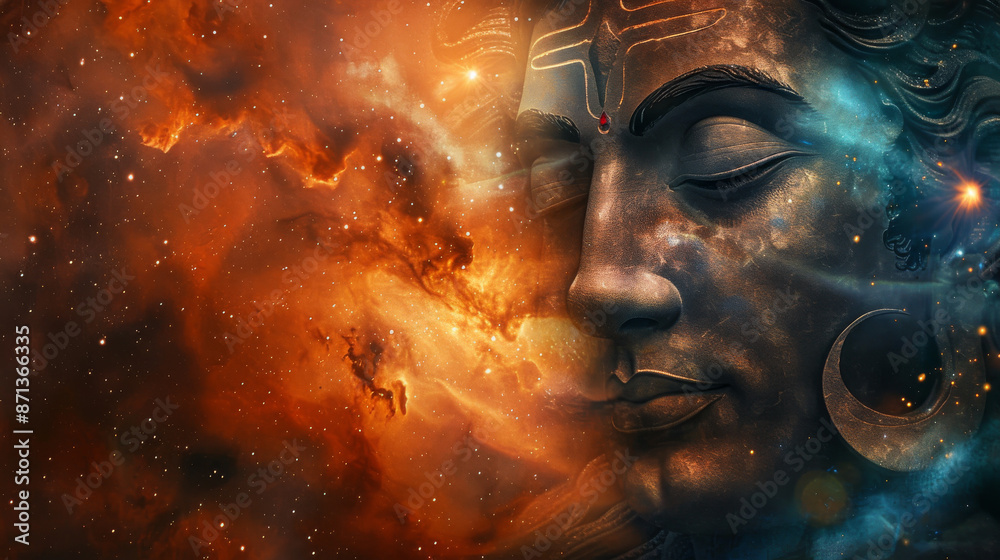 A divine representation of a serene, cosmic deity blended into a fiery nebula, merging spirituality with the universe's grandeur. A divine representation of a serene, cosmic deity blended into a fiery nebula, merging spirituality with the universe's grandeur.