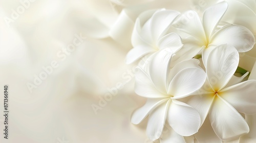 Pastel white frangipani flower tied with white ribbon on a white linen background, conveying the atmosphere of romance and tenderness. © PT