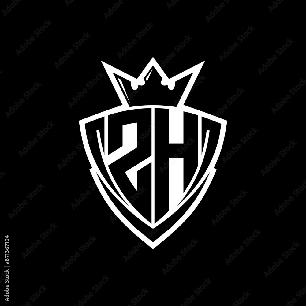 ZH Letter logo with sharp triangle shield shape with crown inside white outline on black background template design ZH Letter logo with sharp triangle shield shape with crown inside white outline on black background template design