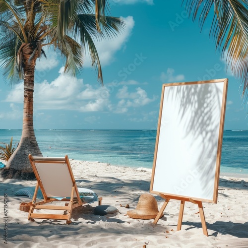 Captivating blank white poster sign against the backdrop of a picturesque beach summer vacation