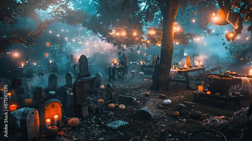 Eerie, foggy graveyard scene at night with glowing lanterns among tombstones and trees, creating a spooky atmosphere perfect for Halloween. photo