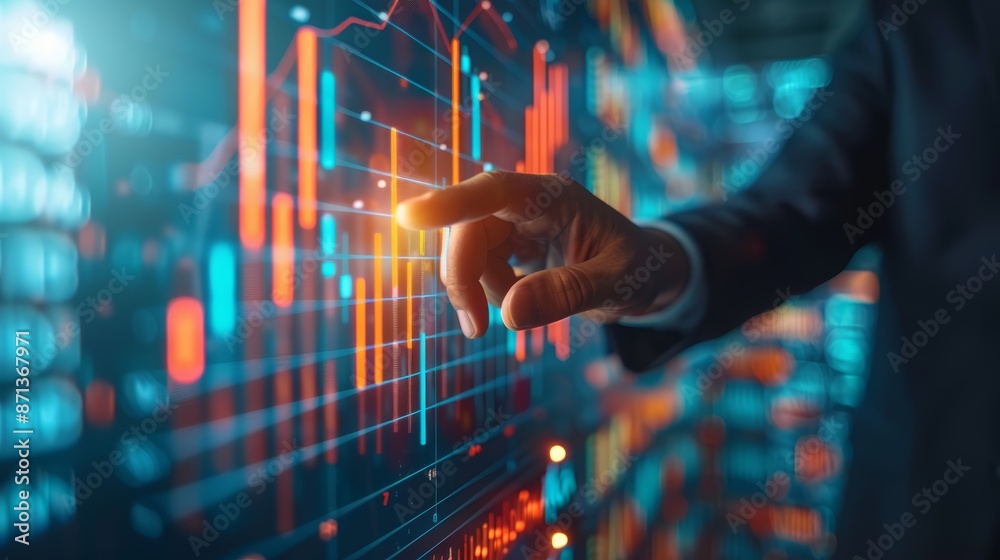 A businessman's hand interacts with a digital screen displaying data and graphs, symbolizing financial technology and data analysis. A businessman's hand interacts with a digital screen displaying data and graphs, symbolizing financial technology and data analysis.