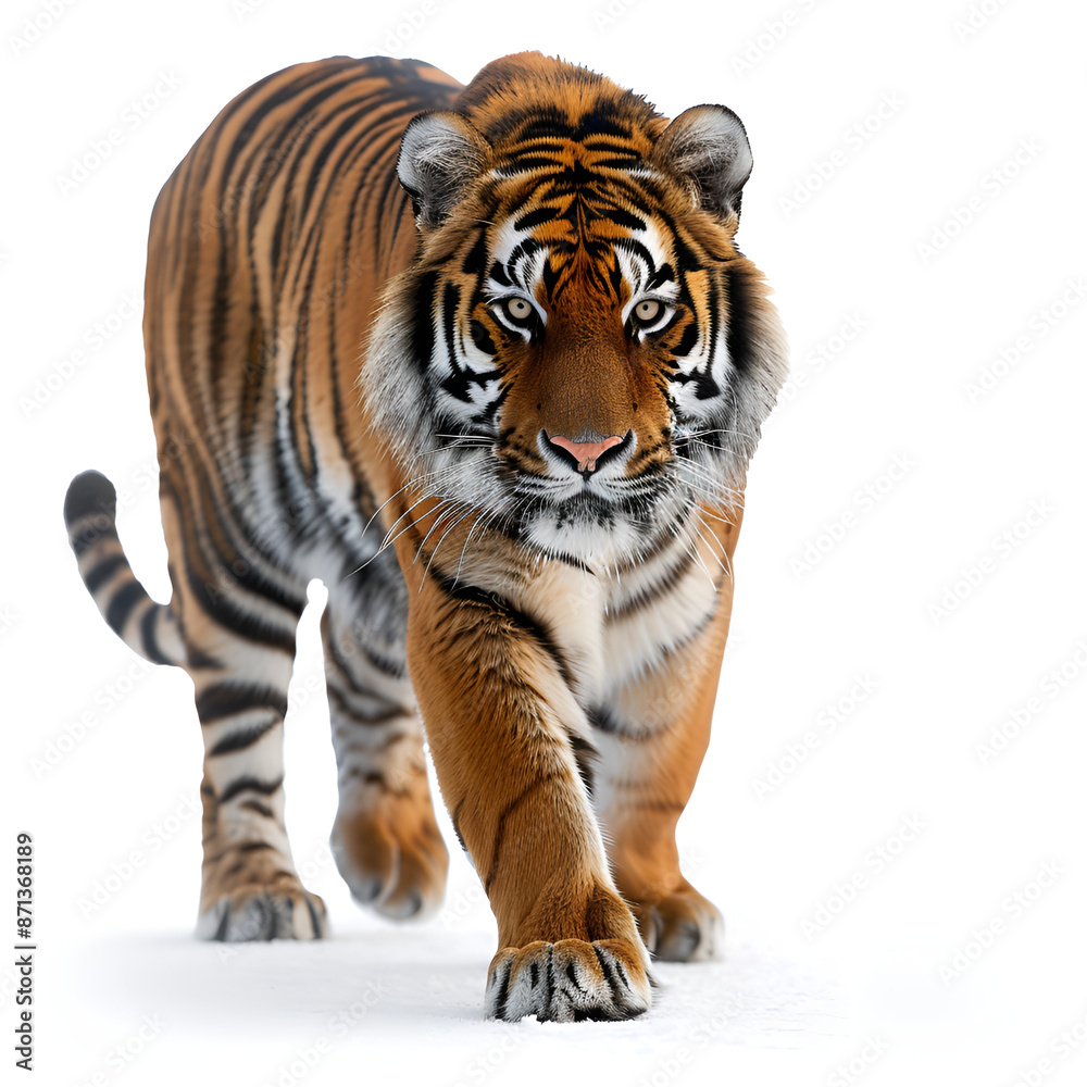 Fototapeta premium Image of a tiger walking on a plain white background.