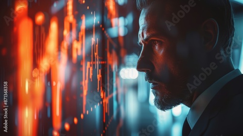 A man in a suit stares intently at a screen filled with vibrant, abstract data.  The colors are bright and the image is dynamic, suggesting a sense of urgency or focus. photo