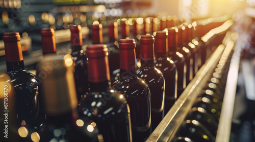 Rows of wine bottles with deep red and golden hues are aligned on shelves under warm lighting, evoking a sense of luxury and celebration.