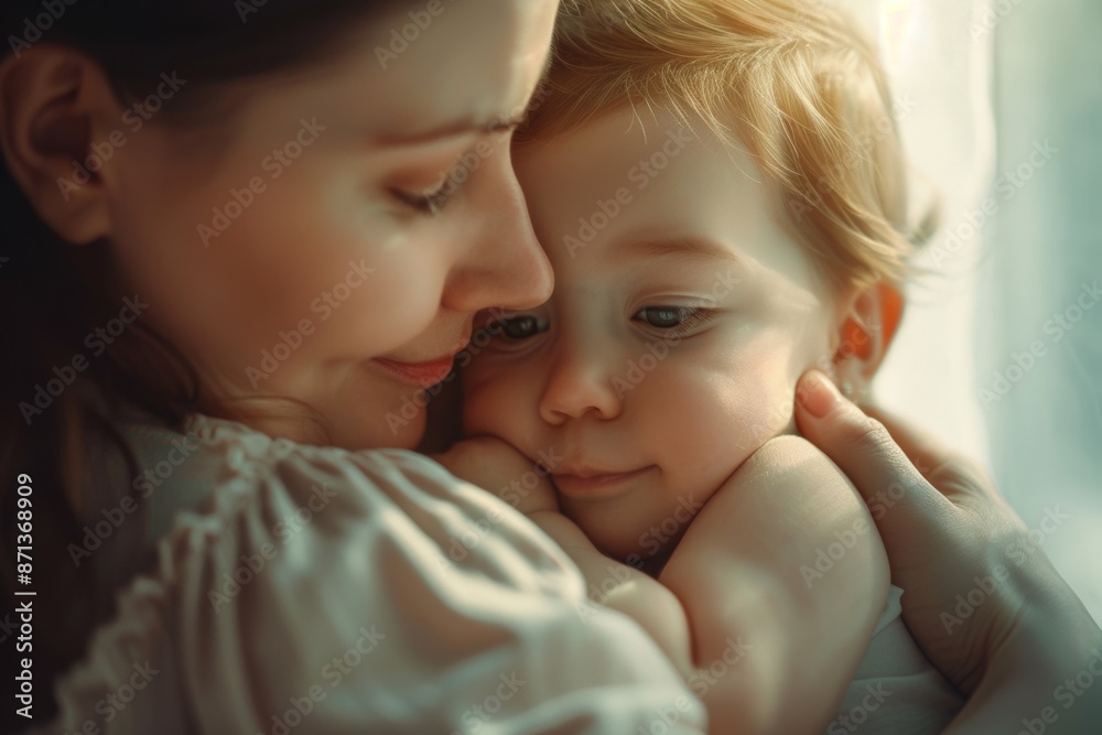A tender moment between a mom and baby. Soft light illuminates their faces as they embrace, conveying warmth and love.
