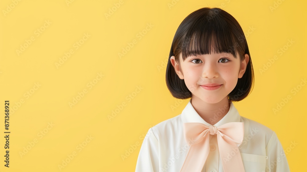 Smiling Young Girl in White Blouse with Pink Bow on Yellow Background Smiling Young Girl in White Blouse with Pink Bow on Yellow Background