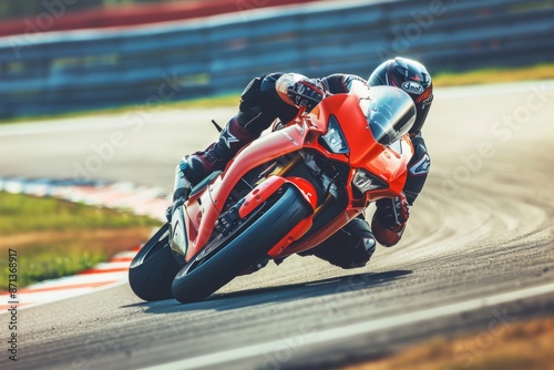 A motorcycle racer leans into a turn on a vibrant red sport bike, showcasing speed and skill on a racetrack.