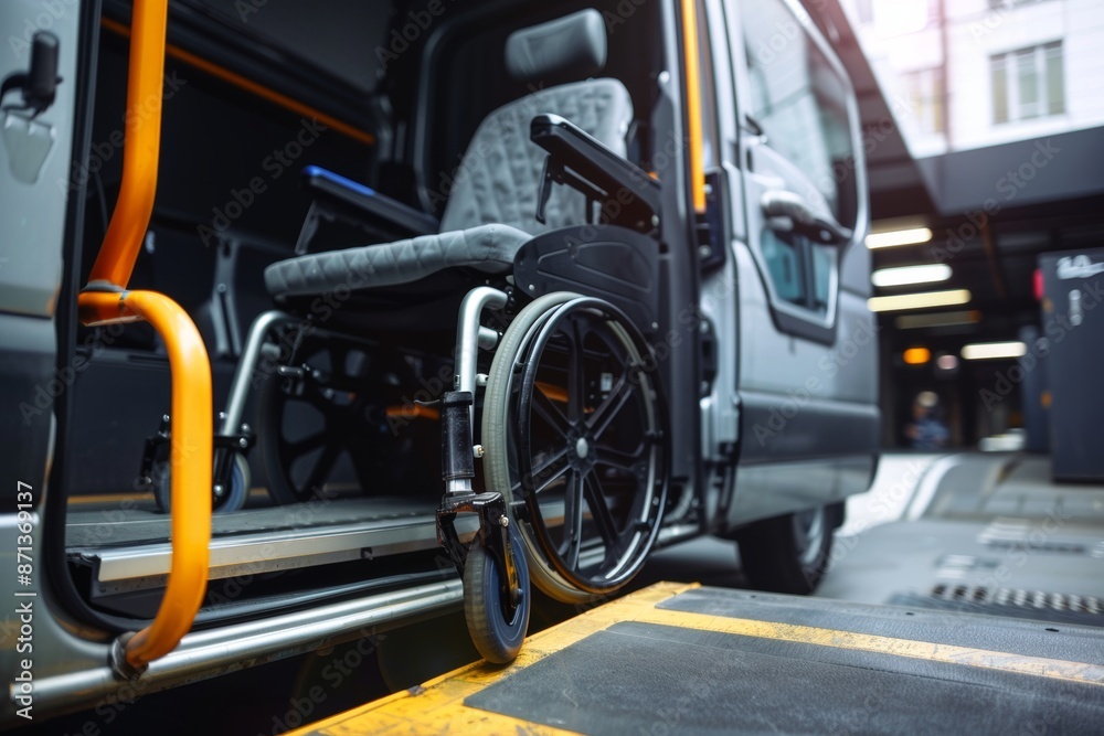 Fototapeta premium A wheelchair on a ramp of an accessible van, highlighting mobility solutions for disabled individuals.