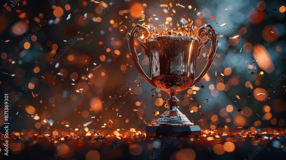a Bronze Trophy Cup with Confetti on a Dark Background Symbolizing Celebration of Victory and Success, Perfect for Achievement Recognition and Award Ceremonies a Bronze Trophy Cup with Confetti on a Dark Background Symbolizing Celebration of Victory and Success, Perfect for Achievement Recognition and Award Ceremonies