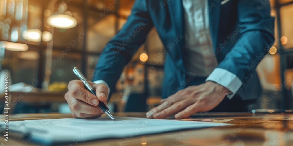 Fototapeta premium business man holding a pen signing agreement contract, ai