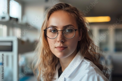 Portrait of a female scientist wearing glasses, conducting research in a modern laboratory setting