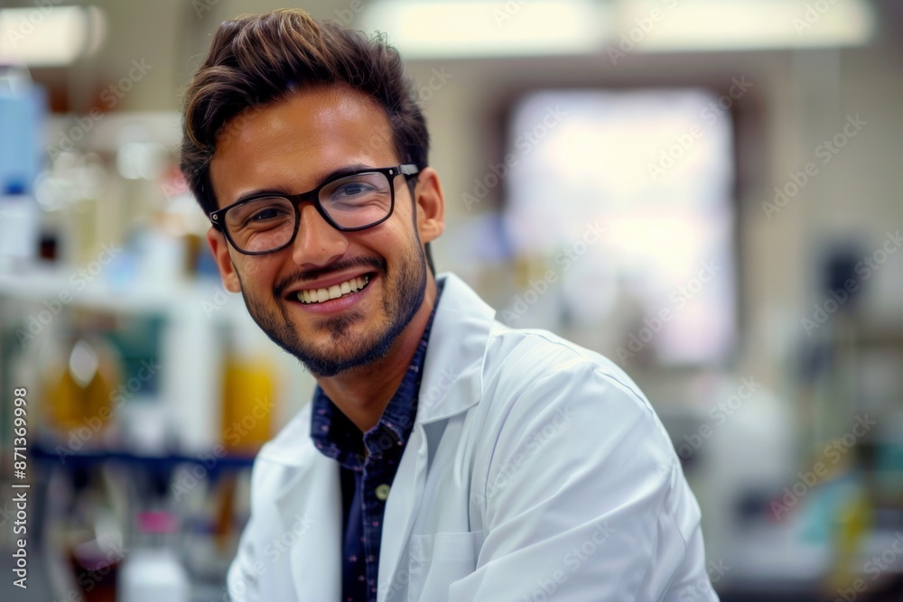 A young scientist in a lab coat and glasses conducting an experiment in a laboratory A young scientist in a lab coat and glasses conducting an experiment in a laboratory