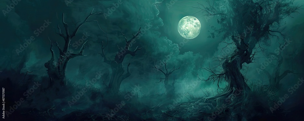 Fototapeta premium Eerie full moon night in a dark, foggy forest with twisted, leafless trees creating a haunting and mysterious atmosphere.